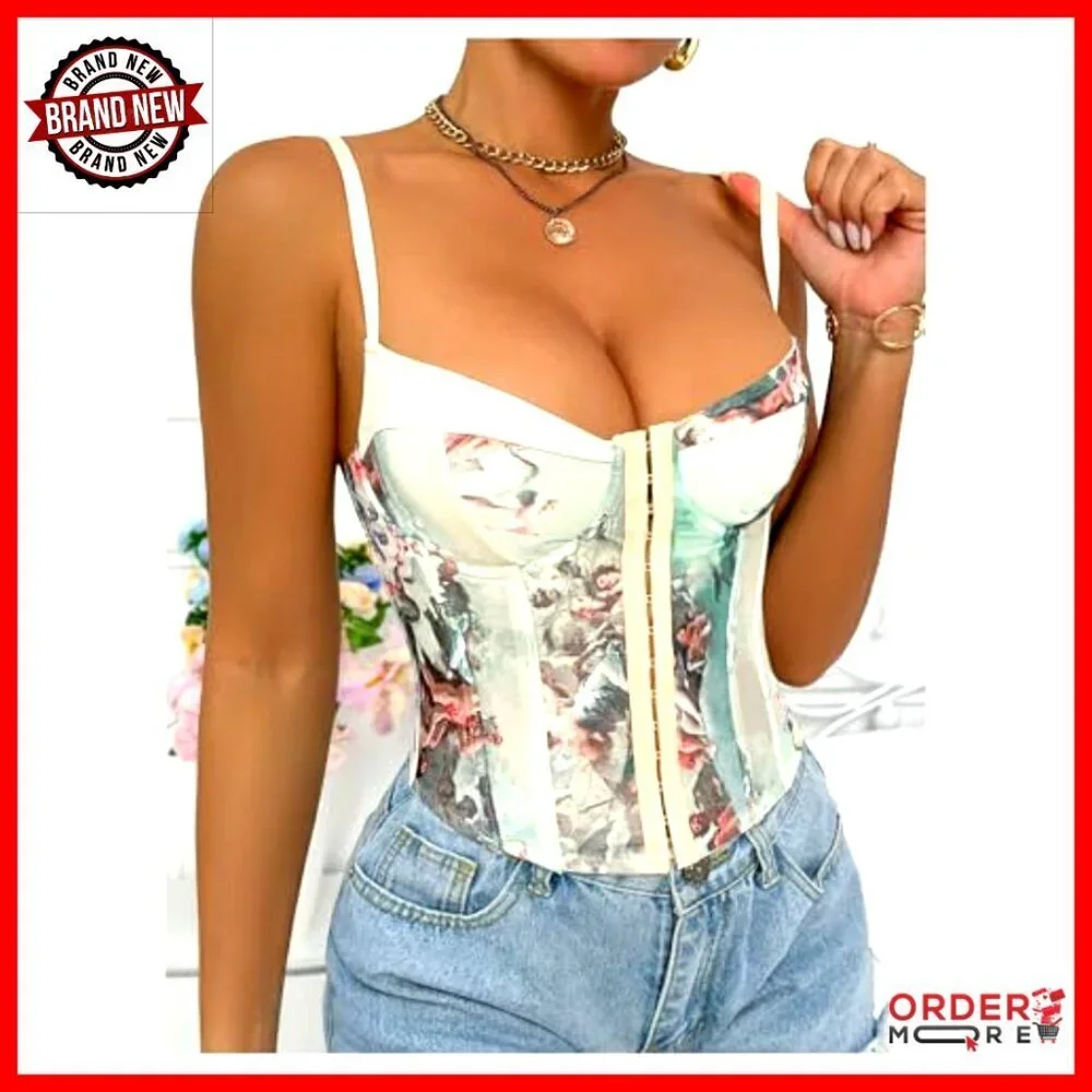 Vintage Renaissance Corset Bustier Graphic Print Lace Up Adjustable Straps